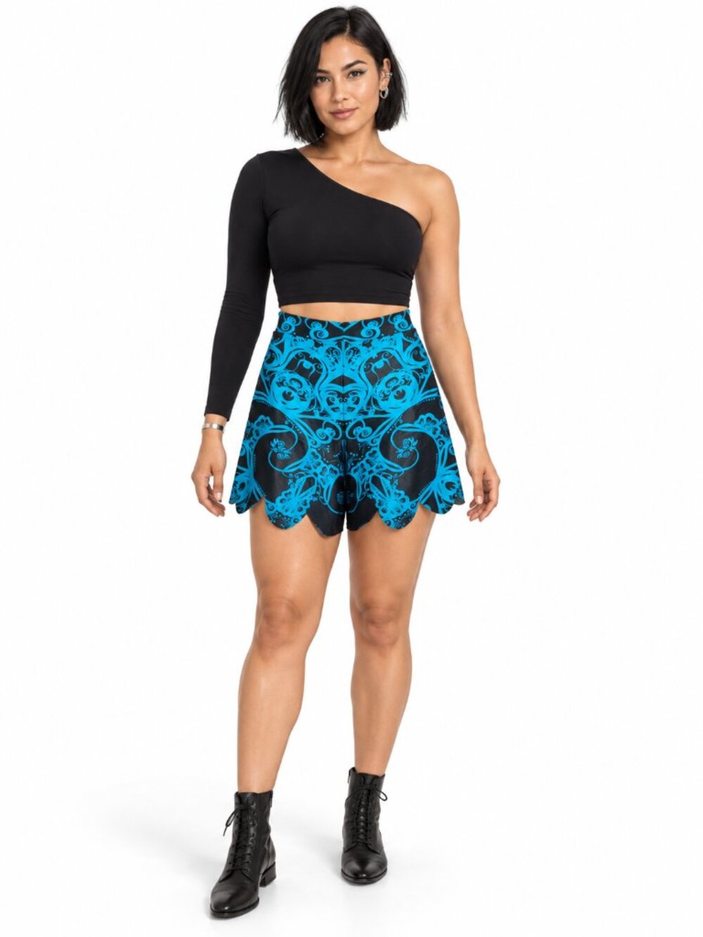 BlackMilk Teal Bath Shorties Size M Blue Black High Waist Scalloped Shorts